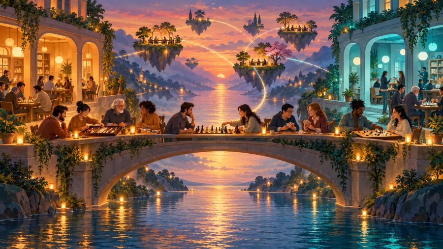 Two game halls on opposite banks joined by a bridge: at a shared table on the bridge people play backgammon, chess, cards and go; in the distance, new island clubs