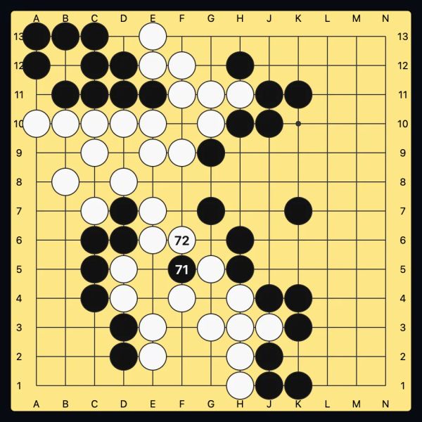 13×13: a game in full swing, the last moves are numbered