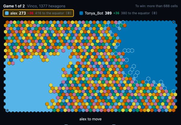 Vinco: 1377 hexagons; the scoreboard shows the lead and the distance to the equator